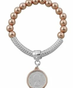 Mocha 8MM Rosegold Filled Ball & Mesh Bracelet W/ 2 Tone 6 Pence Coin