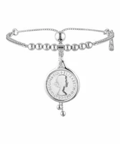 Mocha Threepence Charm Silver Curb Chain Bracelet