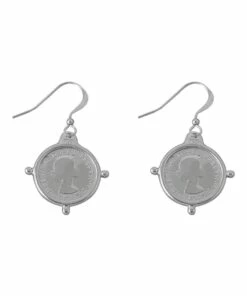 Mocha Hook Compass Frame Threepence Silver Drop Earrings