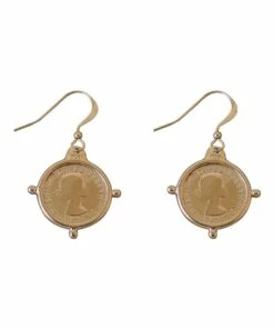 Mocha Hook Compass Frame Threepence Gold Drop Earrings