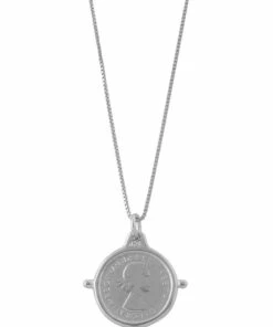 Mocha Fine Box Chain Compass Frame Threepence Silver Necklace