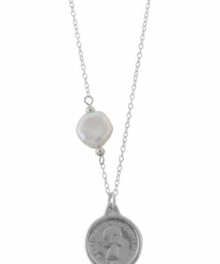 Mocha Fine Belcher Chain Keshi Pearl & Threepence Silver Necklace