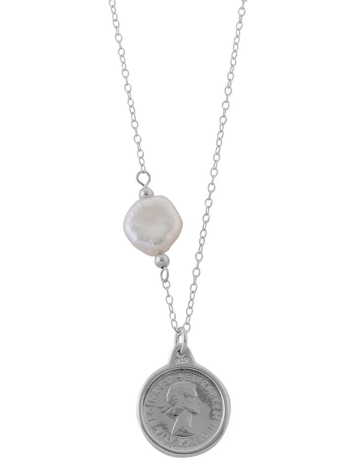 Mocha Fine Belcher Chain Keshi Pearl & Threepence Silver Necklace 1 Mocha Fine Belcher Chain Keshi Pearl & Threepence Silver Necklace