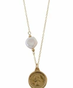 Mocha Belcher Gold Filled Chain Keshi Pearl & Threepence Necklace