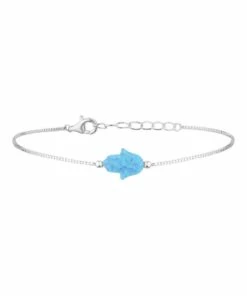 Mocha Sterling Silver Mini Hamsa Fine Bracelet - Light Blue