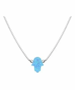 Mocha SS Mini Hamsa Fine Necklace-Light Blue