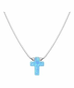 Mocha SS Mini Cross Fine Necklace-Light Blue