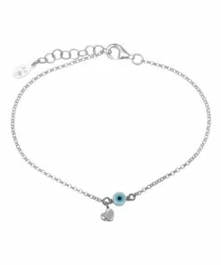 Mocha Tiny Shiny Bracelet w/ Heart & Evil Eye - Silver