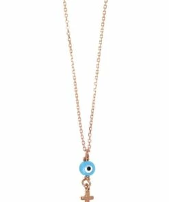Mocha Tiny Shiny Evil Eye & Cross Rose Gold Necklace