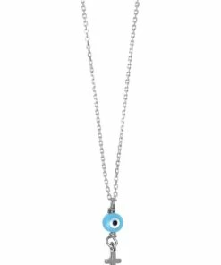 Mocha Tiny Shiny Evil Eye & Cross Silver Necklace