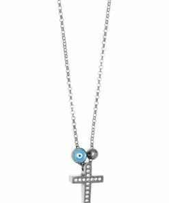 Mocha Tiny Shiny Cross Evil Eye & Zirconia Silver Necklace