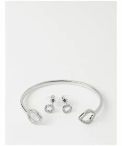 Trent Nathan Diamante Trim Bangle & Earring Silver Set