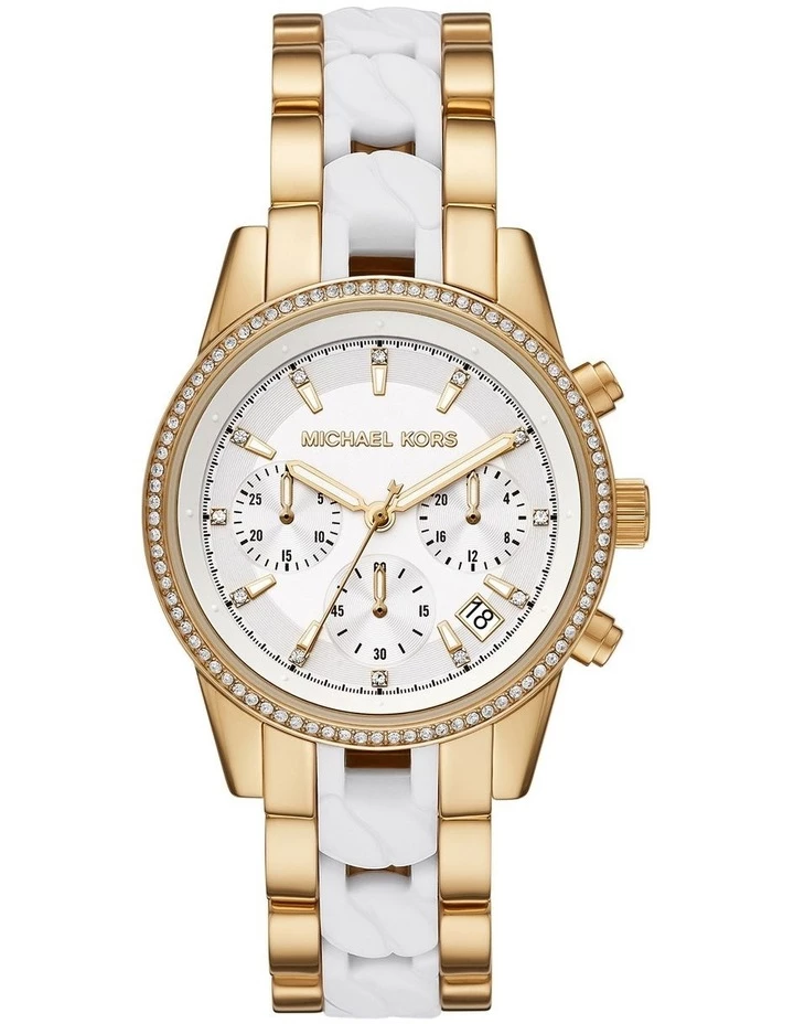 Michael Kors Ritz Gold/White Stainless Steel Chronograph Watch MK6939 1 Michael Kors Ritz Gold/White Stainless Steel Chronograph Watch MK6939
