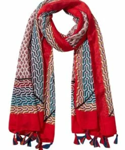 Gregory Ladner Lattice Print Red Tassel Scarf