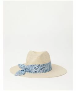 Miss Shop Pale Blue Panama Hat With Scarf Trim