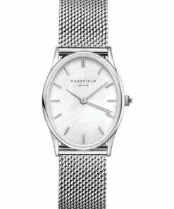 Rosefield The Oval Mother Of Pearl Dial Silver Mesh Bracelet Analog Watch