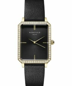 Rosefield Octagon Gold Case And Crystal Details Black Leather Strap Watch