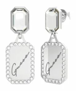 Guess Crystal Tag Silver Tone Earrings